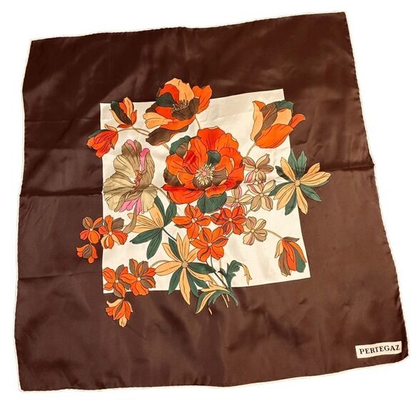Vintage Pertegaz, Spain Brown and Orange Floral Italian Silk HeadScarf - Picture 1 of 7
